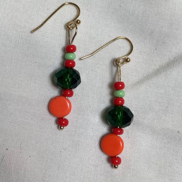 Boho Dangle Orange And Green Earrings Handcrafted  Minimalist Gold Plated Hooks - Picture 1 of 4